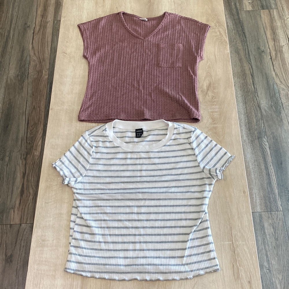 2 shein shirts, purple is size 7Y, white shirt is size M